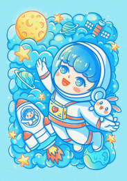 太空中可爱的儿童宇航员飞向月球