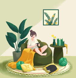 宅在家里坐在沙发上玩手机的女孩