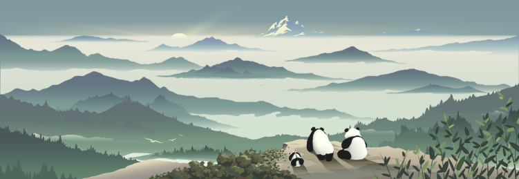 熊猫一家在山顶眺望雪山日出