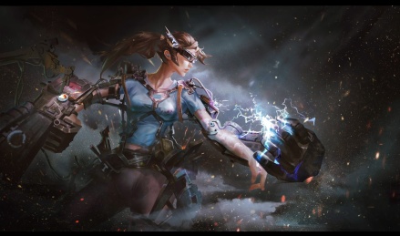 穿戴外骨骼机械臂的科幻赛博废土女孩