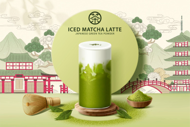 抹茶拿铁日式建筑插图背景广告模板