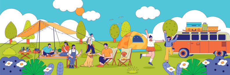 一群年轻人在公园露营野餐矢量扁平插画