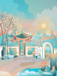 四川眉山三苏祠景点插画