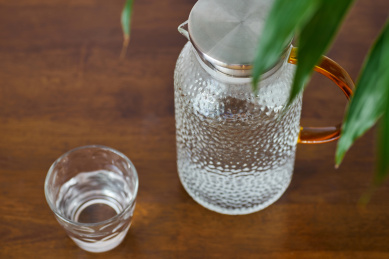 绿植下的锤纹玻璃凉水壶和水杯