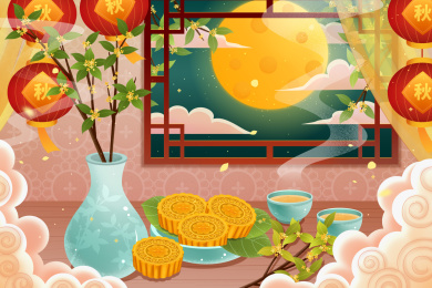 古风中秋节窗格圆月桂花月饼插画