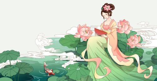 夏日荷花拟人荷塘风景国风矢量插画横版