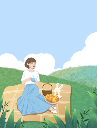 在郊外品茶吃月饼的少女