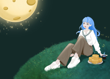 坐在草坡上赏月的女孩