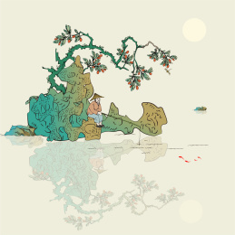 枸杞树钓鱼盆景中国风矢量插画