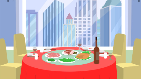 高楼上的饭店里的圆饭桌子  