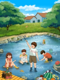 夏日孩子们在池塘里玩耍