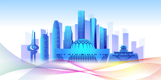 中国山东济南市商务科技城市彩色插画