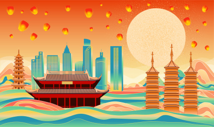 中国浙江省嘉兴市国风喜庆节日城市插画