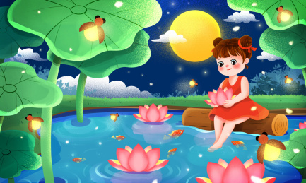 处暑节气中元节放河灯的女孩插画