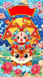 国潮中秋新年兔儿爷兔子老虎插画