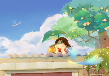 插画暑假在奶奶家的屋顶上发呆