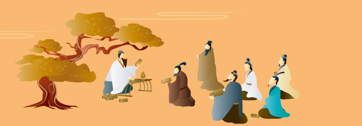 古代孔子杏坛讲学授徒的复古矢量插画