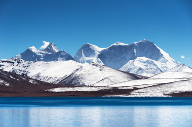 中国西藏的普莫雍措的雪山和湖水