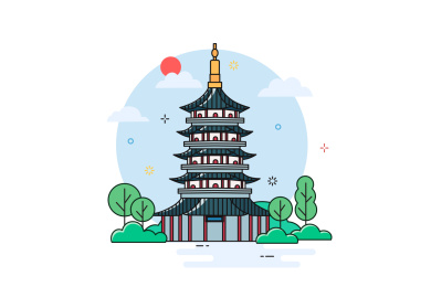 杭州西湖雷峰塔线条风插画