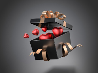打开的黑金礼盒爱心情人节金色丝带3D渲染