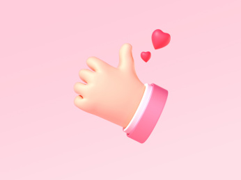 情人节粉色背景中的点赞大拇指爱心活动图标