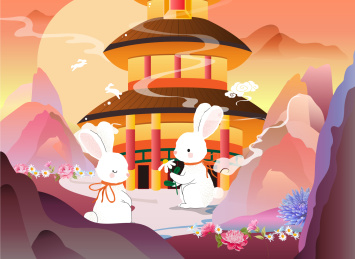 广寒宫玉兔送花中国风矢量插画海报