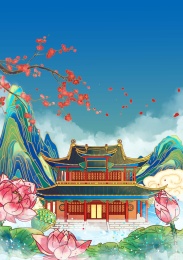 武汉地标建筑国风插画晴川阁