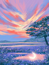 晚霞草地风景背景插画