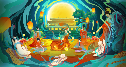 中秋圆月夜人神共乐图