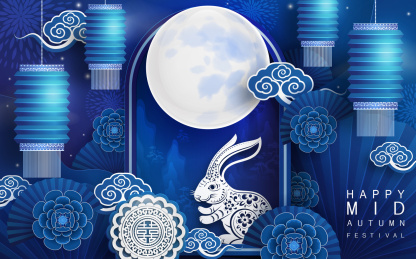 纸艺玉兔赏月 中秋节挂灯笼贺图