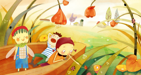 小仙子们坐在小船上闻着周围浓浓的花香