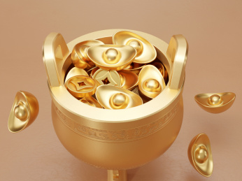 装满金元宝的中式三足圆鼎金色聚宝盆