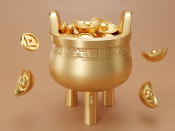 装满金元宝的中式三足圆鼎金色聚宝盆