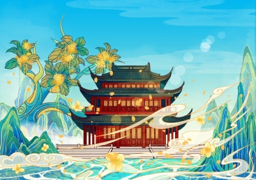 苏州地标古建筑国风插画盘门