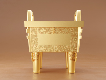 中国传统纹样3D金色四足方形鼎