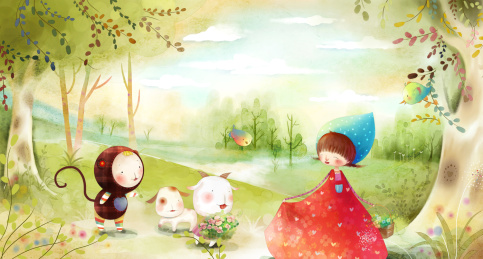 小动物帮助小姑娘采花