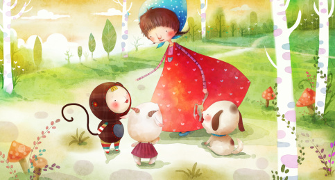 小姑娘和小动物一起玩耍