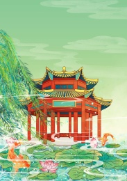 济南地标古建筑插画大明湖历下亭