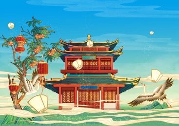 太原地标古建筑国风插画晋祠
