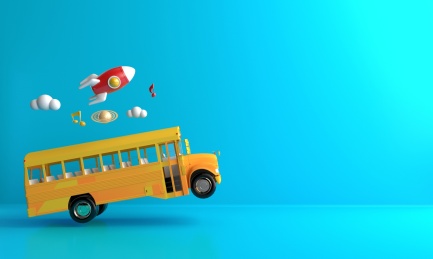  3D渲染插图橙色的校车和彩色的背景