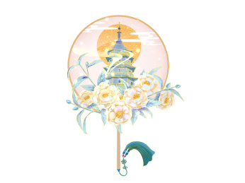 发光月亮复古茶花中秋扇面国潮月亮花卉城市