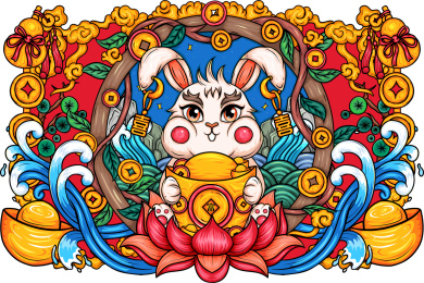 国朝矢量插画 怀抱大金元宝的兔子