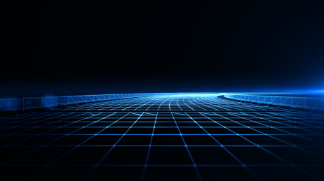 3D渲染城市天际线蓝色线条格纹路面
