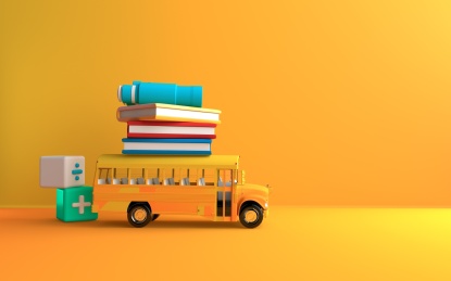 3D渲染插图橙色的校车和彩色的背景