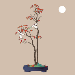 盆景红枫叶剑客比武中国风矢量手绘插画