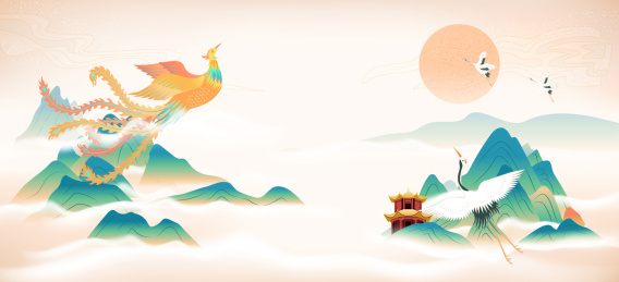 新中式国潮创意中国风凤凰凤纹山水矢量插画