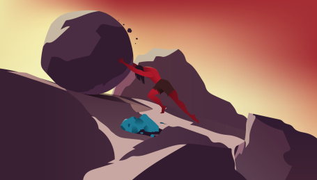 一个男人推石头上山顶