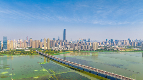 中国湖北武汉武昌沙湖大桥及城市天际线