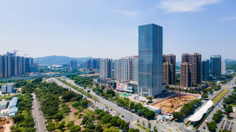 广州萝岗香雪商业建筑群城市天际线航拍全景