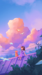 梦幻唯美女孩在屋顶吹风看云彩治愈氛围插画